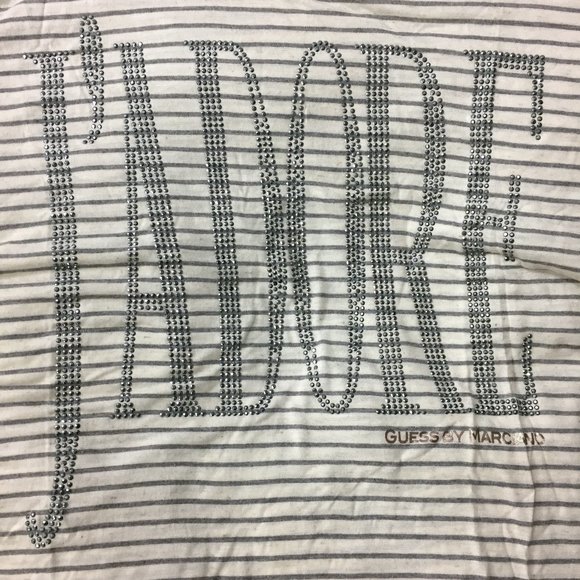 NWT GUESS by MARCIANO Short Sleeve Striped Silver Rhinestone J'ADORE Shirt Top - Picture 8 of 11